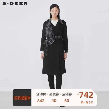sdeer圣迪奥女装时尚西装领格纹拼接收腰毛呢大衣S21481846图片