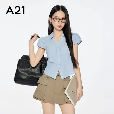 A21女装粉蓝翻领包袖衬衫简约设计感单排扣短款上衣商品大图