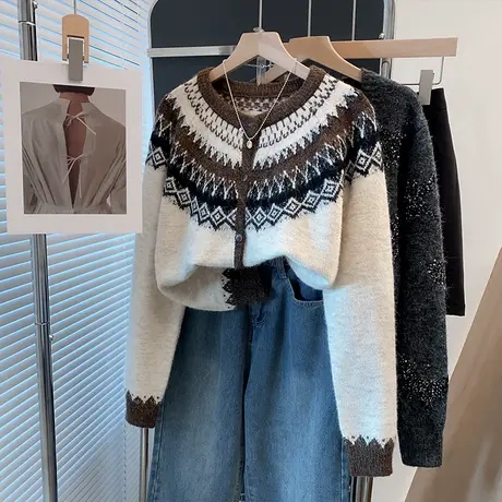 费尔岛圆领针织开衫女2025春秋新款宽松慵懒风外穿上衣毛衣外套潮图片