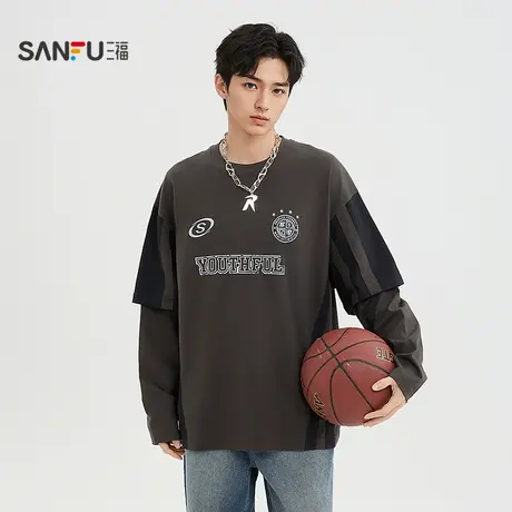 三福2025春季男士假两件杠条长T恤 休闲圆领落肩上衣男497678商品大图