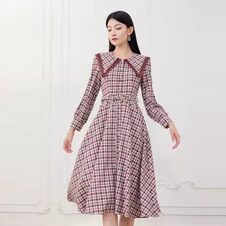 希区瑞普春新款法式复古娃娃领格子英伦红格连衣裙商品大图