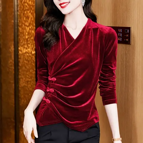 复古丝绒打底衫女长袖秋冬设计感不规则开叉上衣修身收腰褶皱T恤商品大图