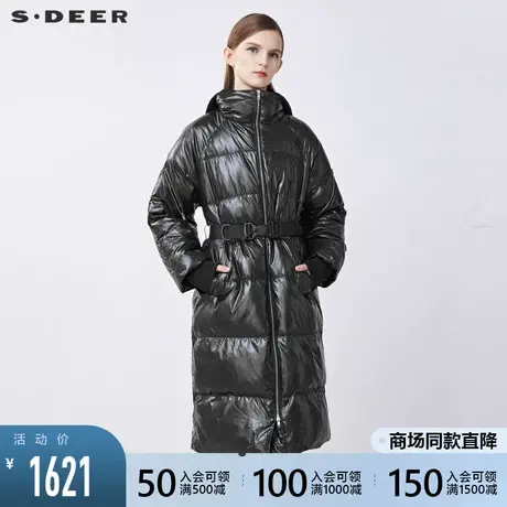 sdeer圣迪奥2021秋冬新品休闲连帽收腰黑色长款羽绒服女S21482429商品大图