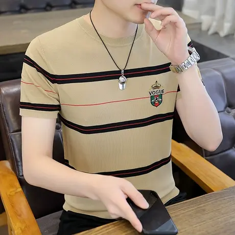 2025新款夏季男士冰丝短袖T恤针织衫半袖潮流冰麻毛衣个性打底衫图片