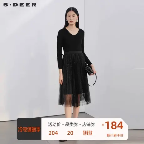 sdeer圣迪奥女装V领风琴褶创意拼接波浪裙摆长袖连衣裙S19461207商品大图