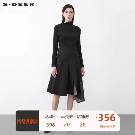 sdeer圣迪奥女装不规则领撞色胶印拼接长袖连衣裙S21481203商品大图