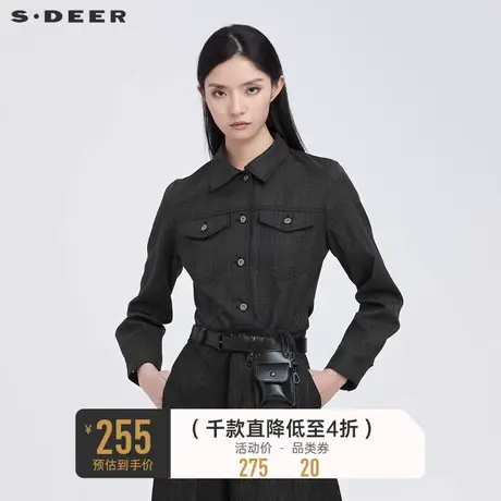 sdeer圣迪奥女装休闲翻领撞色格纹不规则衬衫S21480507🔡商品大图