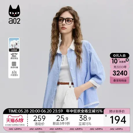 a02夏日清爽蓝白条纹短袖衬衫女2025新款夏季全面花边拼接衬衣商品大图