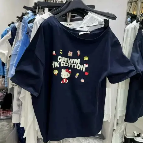 韩版2025夏季新款卡通字母印花圆领短袖中长款宽松休闲上衣T恤女商品大图