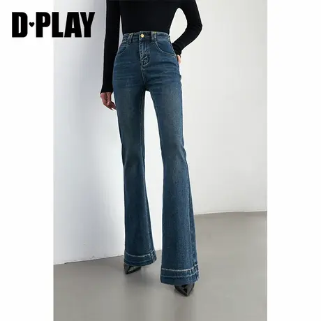 DPLAY2025年春季新款复古深蓝色牛仔裤女微喇裤子做旧弹力长裤商品大图