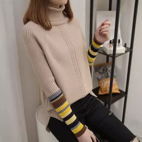 新款高领秋冬打底衫女袖条纹内搭加厚保暖洋气两翻领毛衣针织上衣商品大图