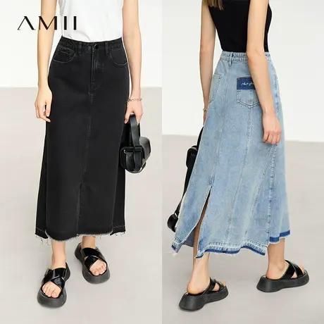 Amii2025夏新款极简港风做旧磨白毛边开衩A字裙棉质牛仔半身裙女商品大图