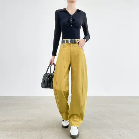 黄色拼接直筒牛仔弯刀裤女春夏薄款高腰显瘦宽松阔腿垂感拖地裤子商品大图