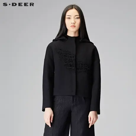 sdeer圣迪奥2019冬装复古休闲防风连帽线迹短款毛呢外套S17482223图片