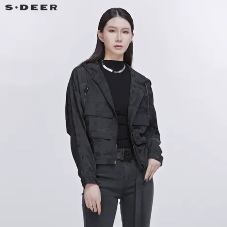 sdeer圣迪奥贴袋个性迷彩口袋连帽通勤短款卫衣外套女S20182219图片