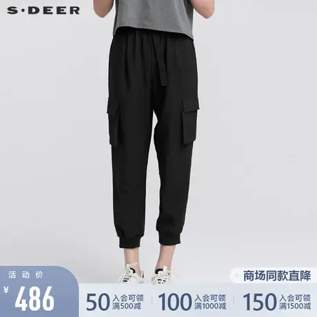 sdeer圣迪奥22夏装新品松紧腰带蕾丝拼接黑色工装长裤女S22280815图片
