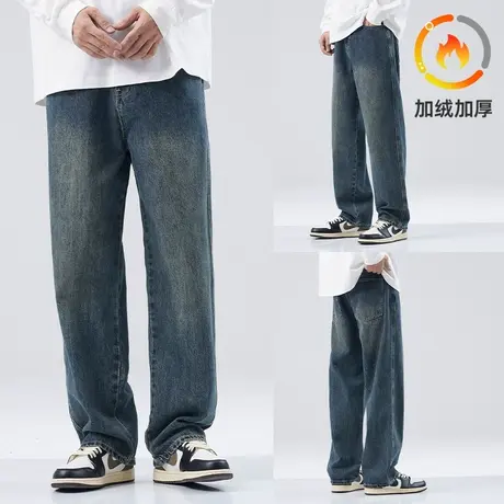 hansca直筒牛仔裤新款男春秋潮牌高街宽松复古休闲阔腿大码长裤子商品大图