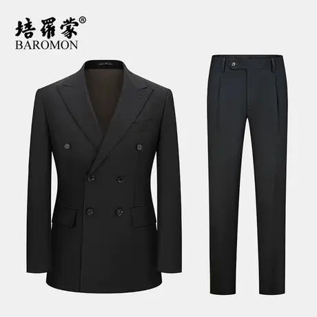 【进口羊毛面料】【半麻衬】培罗蒙春季男双排扣黑色羊毛西服套装商品大图