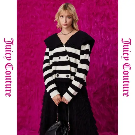 Juicy Couture橘滋春夏新款通勤装年绣花海军领条纹针织毛衣外套商品大图