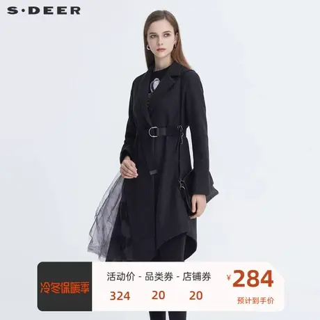 sdeer圣迪奥新品女装休闲西装领收腰网纱印花毛呢大衣S20481706图片