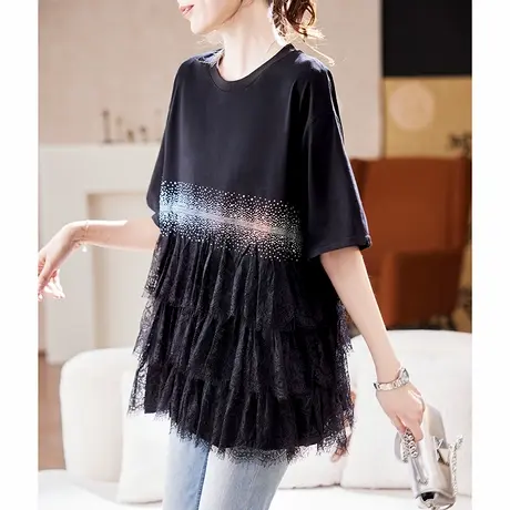 宝诗黎蕾丝拼接烫钻短袖T恤2025夏季洋气设计感百搭休闲棉质上衣商品大图