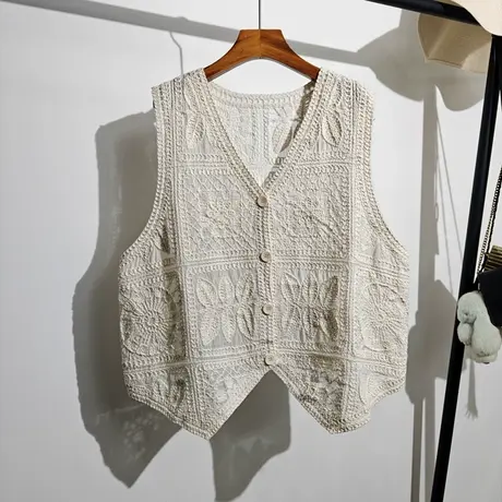 钩花镂空针织马甲开衫女夏季新款宽松v领波西米亚度假风无袖上衣商品大图