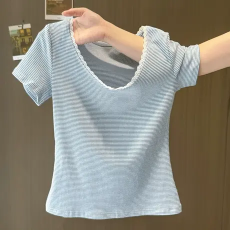 条纹V领蕾丝花边短袖T恤女夏季修身显瘦韩版设计感甜辣妹半袖上衣商品大图
