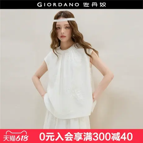 设计师款佐丹奴衬衫女夏季新款绣花收褶圆领小飞袖衬衫女18345208图片