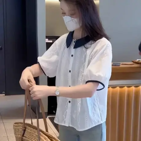 娃娃领短袖提花衬衫女薄款夏季2025新款时尚洋气减龄漂亮小衫上衣商品大图
