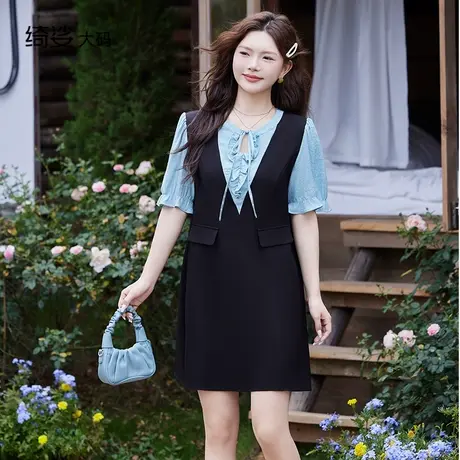 2025夏装新款气质宽松直筒遮肉百搭显瘦短袖假两件大方得体连衣裙商品大图