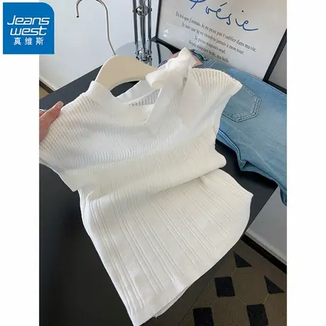 NR真维斯小飞袖修身短袖t恤女夏季新款设计感别致针织衫系带上衣商品大图