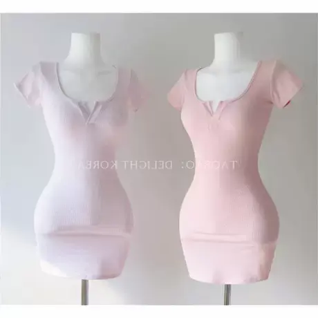 现货 东大门 韩网粉彩冰淇淋Uv领胸口开衩罗纹迷你连衣裙商品大图