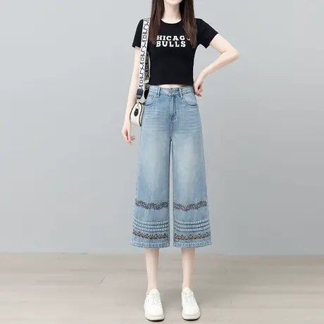 刺绣七分牛仔裤女夏季薄款高腰复古绣花小个子八分直筒宽松阔腿裤图片