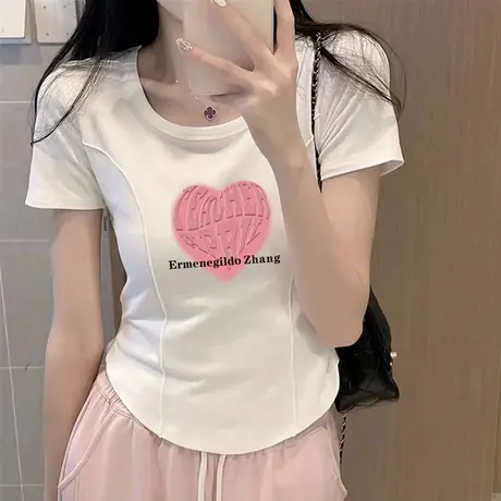 夏季修身不规则正肩短袖t恤女辣妹鱼骨纹设计感收腰显瘦短款上衣商品大图