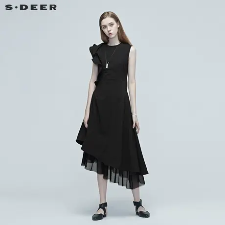 sdeer圣迪奥女夏季网纱拼接无袖花边设计感高腰连衣裙S20281278🍝商品大图