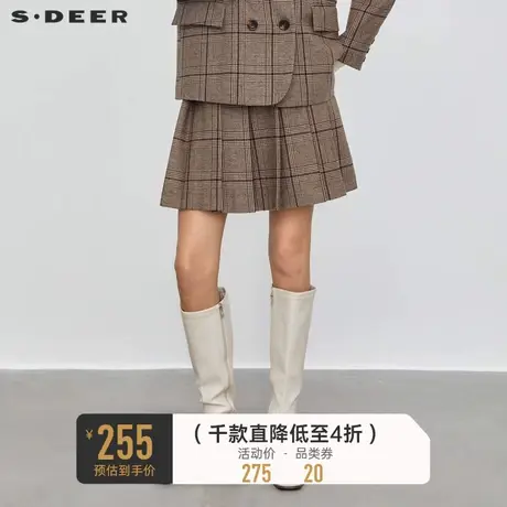 sdeer圣迪奥女装学院风套装格纹百褶毛呢短裙S23461304商品大图