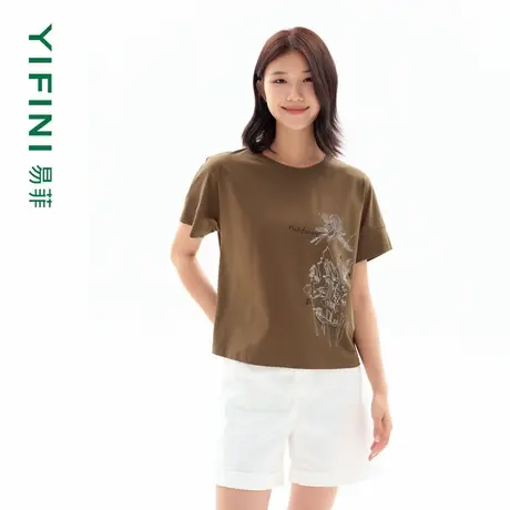 [专柜同款]Yifini/易菲手工感印花百搭宽松短袖时尚T恤女夏季新款图片