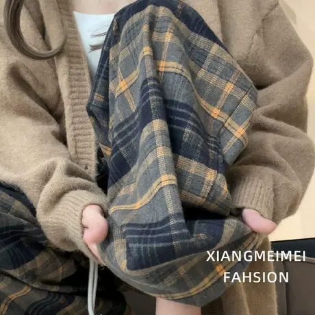 黄色格子裤子女春秋季2024新款高腰垂感休闲裤显瘦复古直筒阔腿裤商品大图