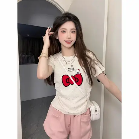 高级感夏季新款彩虹波点修身短袖t恤女正肩圆领短袖褶皱收腰上衣商品大图