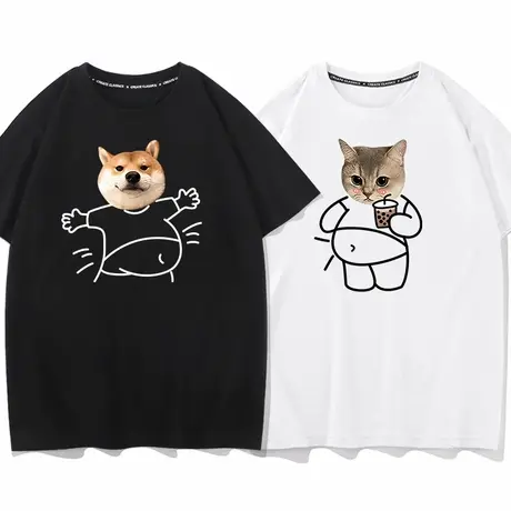 秀洛设计感小狗小猫潮牌短袖t恤男夏季新款黑色纯棉宽松情侣半袖图片