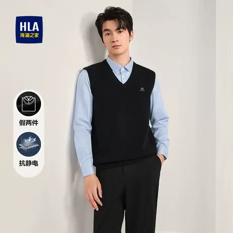 HLA/海澜之家双领针织衫秋季时尚有型保暖套头衫假两件男商品大图