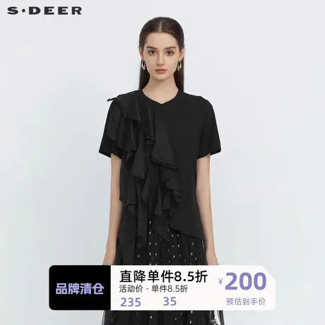 sdeer圣迪奥女装圆领网纱拼接不规则短袖T恤S222Z0146图片