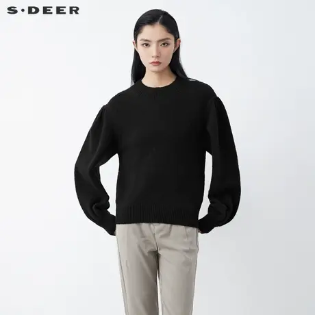 【直播间专属】sdeer圣迪奥时尚罗纹圆领泡泡袖黑色毛衣S21463512图片