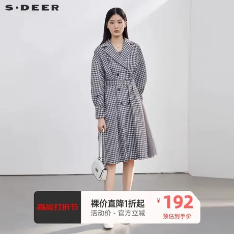 sdeer圣迪奥女装西装领千鸟格网纱收腰毛呢大衣S223Z1843图片