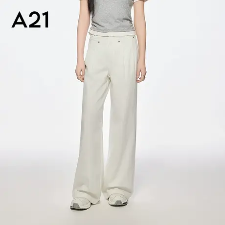 A21女装白色薄款牛仔裤简约拖地长裤宽松显瘦阔腿裤垂坠感休闲商品大图