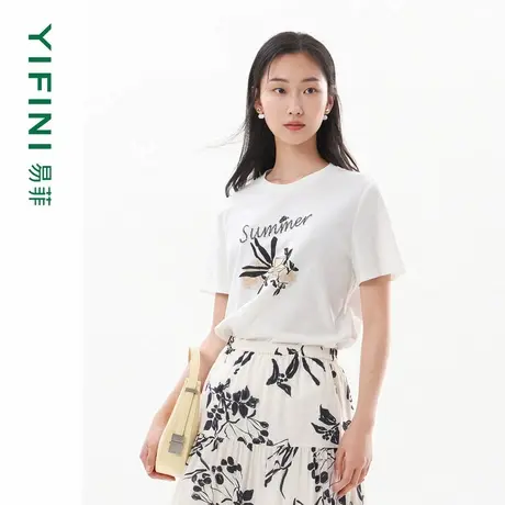 [专柜同款]Yifini/易菲三醋酸钉珠印花宽松短款时尚T恤女百搭上衣商品大图