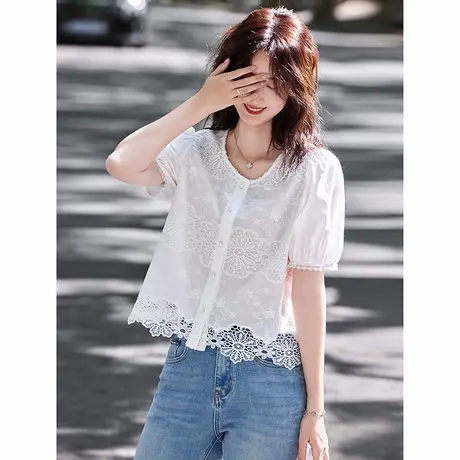 时尚甜美衬衫2025年夏季新款女圆领百搭短款刺绣简约大气短款短袖商品大图
