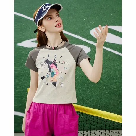 a02撞色短款夏日卡通插画印花短袖上衣夏季休闲女式T恤图片