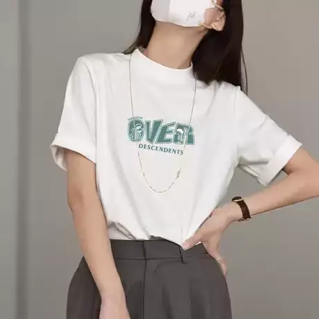 2025夏季新款纯棉短袖休闲半高领t恤女宽松半袖显瘦上衣中长款潮商品大图