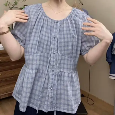 韩系简约绑带格子短袖衬衫女2025夏季新款设计感显瘦百搭衬衫上衣图片